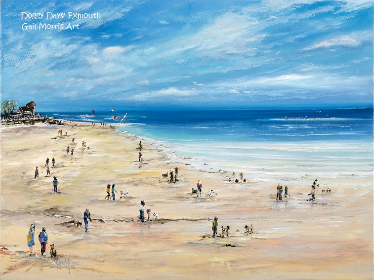 Limited Edition Prints of 'Doggy Days' on Exmouth Beach, from an original oil painting by Gail Morris, prices start £30 - £68