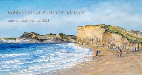 Limited Edition Prints of ' Bobblehats at Burton Bradstock' Dorset, from an original oil painting by Gail Morris. Depicting Hive Beach, Golden Cap and Charmouth. Prices from £35 - £55